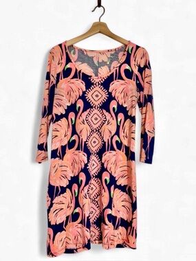 Lilly Pulitzer Gimmie Some Leg Flamingo Print Shift Dress Navy Pink Medium Derby